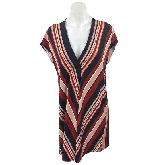 MNG Mango Multicolor Striped Short Drop Sleeve V Neck A Line Mini Day Dress Sz L - Picture 2 of 6
